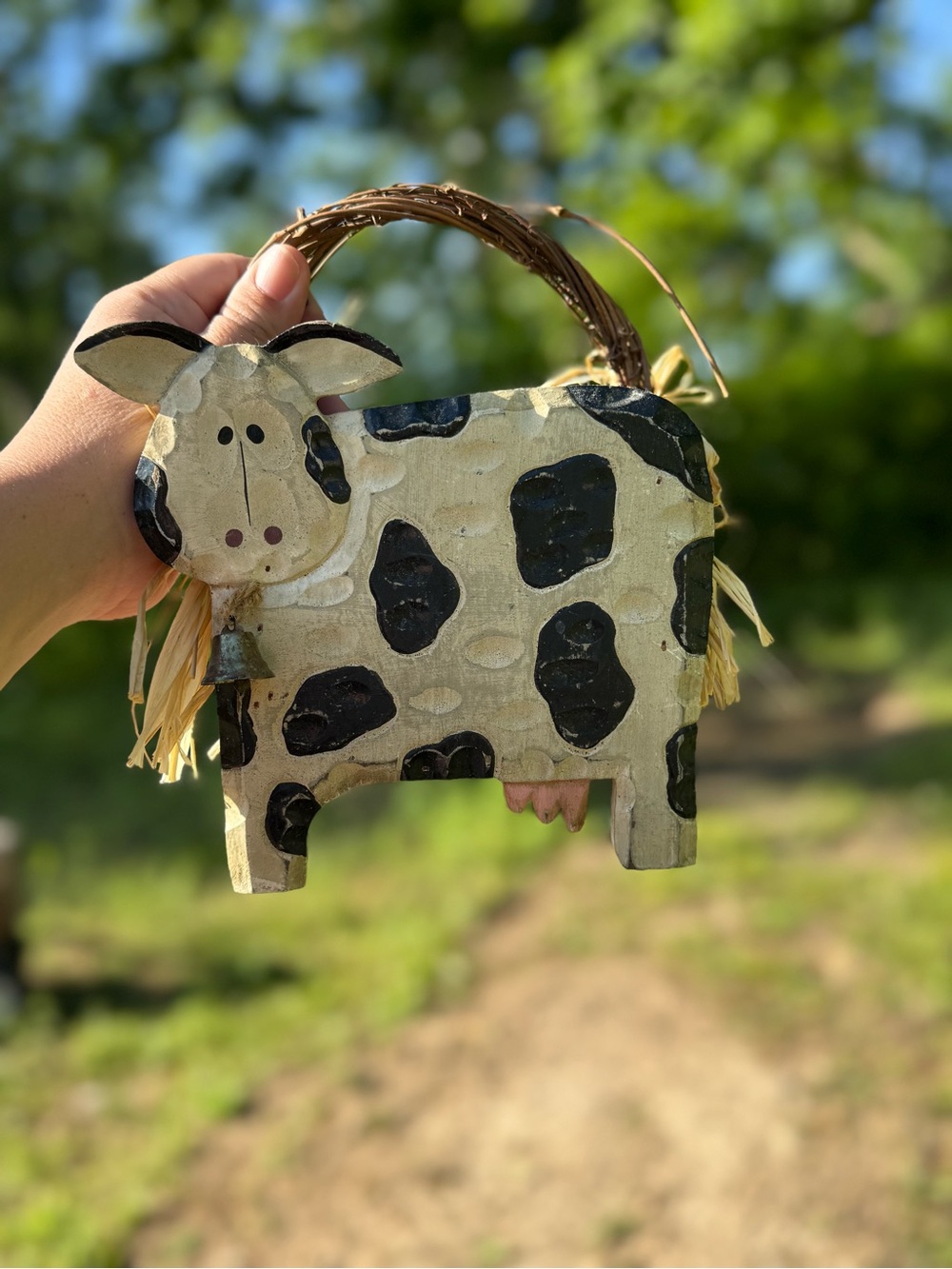 Cow-Shaped Decorative Basket Purse in Cream and Black
